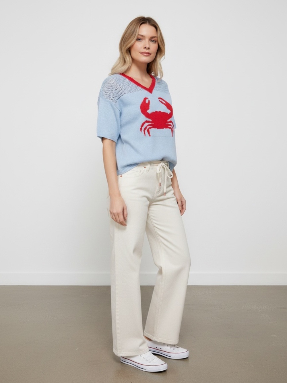 Light Blue Crab Intarsia V-Neck Knit Top - Picture 3 of 8